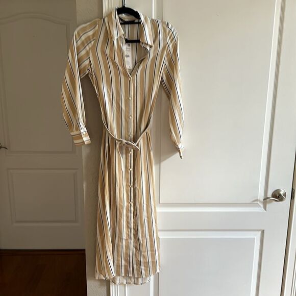 ZARA Striped Belted Midi Dress long sleeves tan,white,blue Size XS‎ NWT - Picture 6 of 9